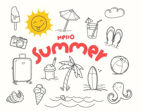Hello summer doodle vector elements with lettering inscription 스톡 일러스트