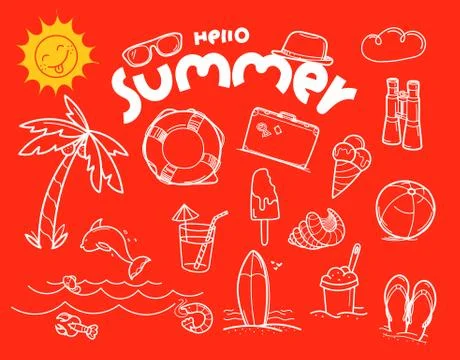 Hello summer doodle vector elements with lettering inscription Stock Illustration
