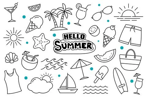 Hello summer doodle on white background. Summer hand drawn symbols and object Stock Illustration