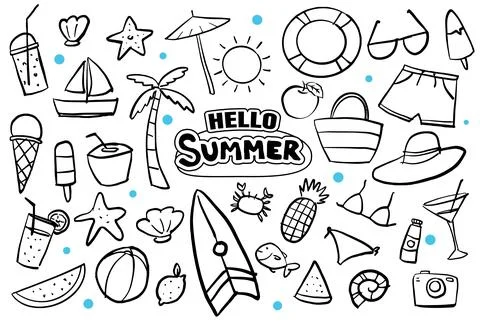 Hello summer doodle on white background. Summer hand drawn symbols and object Stock Illustration