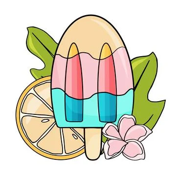 Hello summer elements from the set with desserts, fruits, leaves and flowers. Stock Illustration
