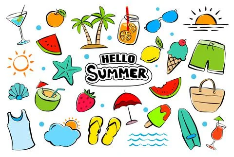 Hello summer elements set doodle on white background. Summer hand drawn symbo Stock Illustration