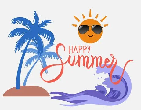 Hello Summer featuring coconut trees on a tropical island with sun. Vector .. Stock Illustration