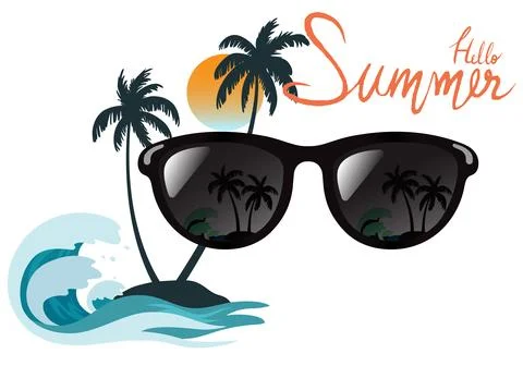 Hello Summer featuring stylish sunglasses with tropical island. Seasonal pr.. Stock Illustration