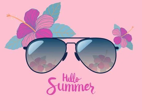 Hello Summer featuring stylish sunglasses with tropical hibiscus flowers. I.. Stock Illustration