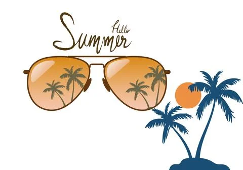 Hello Summer featuring stylish sunglasses with tropical island. Isolated ve.. Stock Illustration