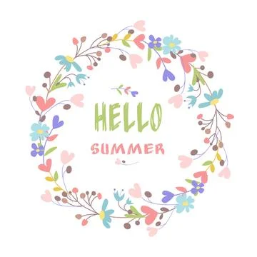 Hello summer flower frame banner. Colorful wreath with flowers. Flat vector.. Stock Illustration