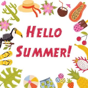 Hello Summer frame. Cute summer banner. Wreath tropical fruits, Monstera le.. Stock Illustration