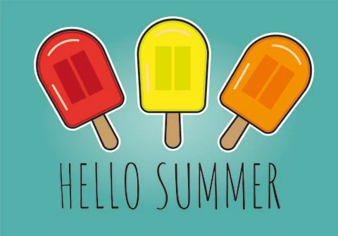 Hello summer fruit flavour ice lolly popsicles with text. bright colour vecto Stock Illustration