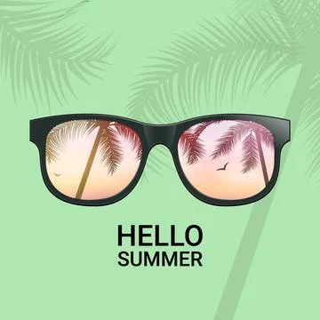 Hello summer fun background concept. Vector sunglass beach palm vacation design 스톡 일러스트