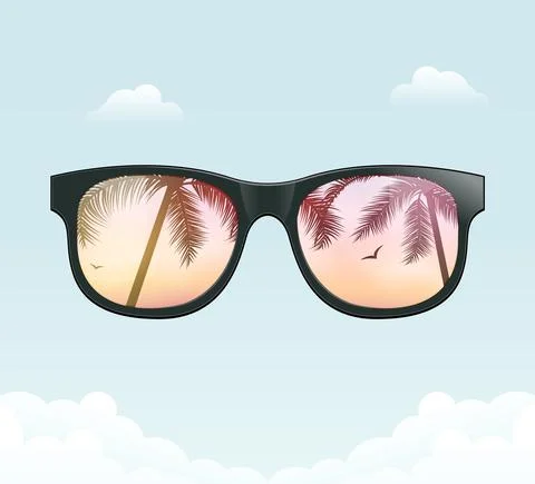 Hello summer fun background concept. Vector sunglass beach palm vacation design Illustrazione stock