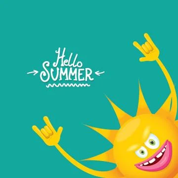 Hello summer funky rock n roll vector label isolated on azure. summer party Stock Illustration