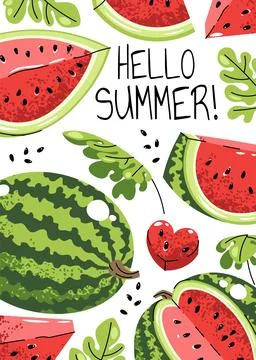 Hello Summer Greeting Card with Watermelon Slices in Flat Design. Banner fo.. Stock Illustration