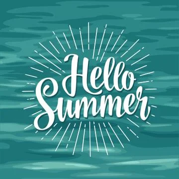 Hello summer hand drawn lettering with rays Stock Illustration