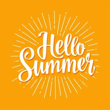 Hello summer hand drawn lettering with rays. Stockillustratie