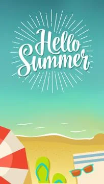 Hello summer hand drawn lettering with rays on beach background. Stock Illustration