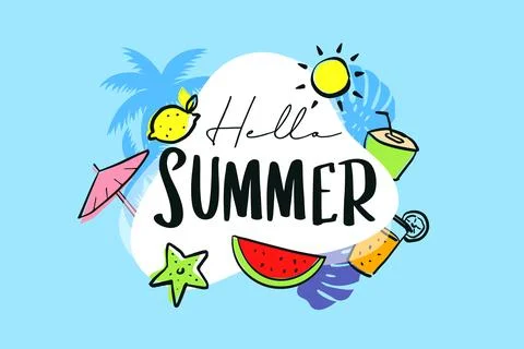 Hello summer hand drawn style with decoration on blue background. Stock Illustration