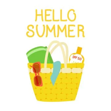 Hello summer - hand lettering design. The inscription. Large yellow beach bag Stock Illustration