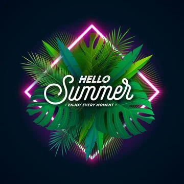 Hello Summer Holiday Banner Design with Flower, Tropical Palm Leaves and Typo Stock Illustration