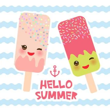 Hello Summer ice cream, ice lolly, Kawaii with pink cheeks and winking eyes,  Stock Illustration