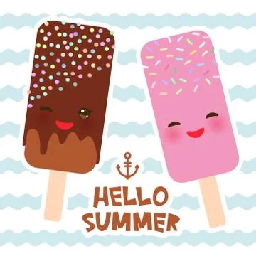 Hello Summer ice cream, ice lolly, Kawaii with pink cheeks and winking eyes,  Stock Illustration