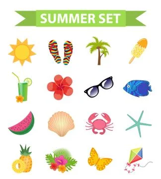 Hello summer icon set, flat, cartoon style. Beach, vacation collection of des Illustrazione stock