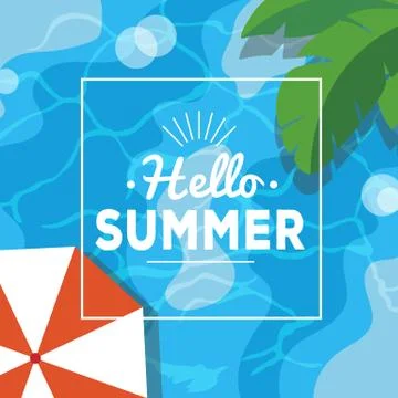 Hello summer illustration with pool scene - sparkling water, palm leaves Stock Illustration