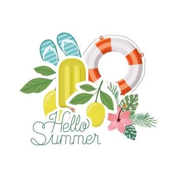Hello summer label with summer objects Stock Illustration