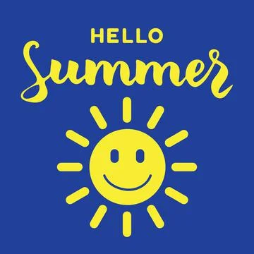 Hello Summer, lettering composition with smiling sun. Yellow and blue colors Stock Illustration