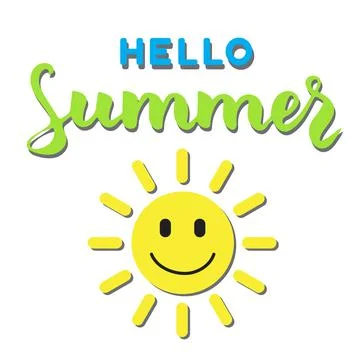 Hello Summer, lettering composition with smiling sun. Yellow, green and blue Stock Illustration