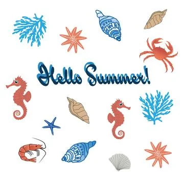 Hello Summer lettering with sea elements Stock Illustration