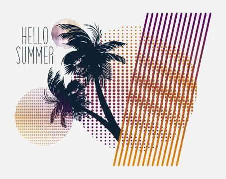 Hello summer, Modern poster with palm tree and geometric graphic. Vector illu Illustrazione stock