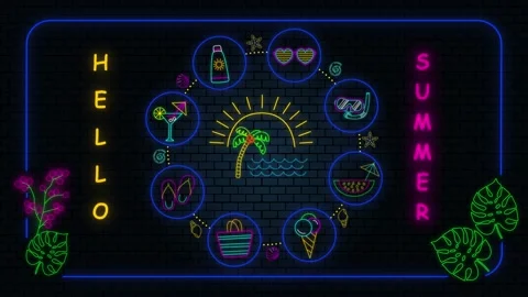 Hello summer neon background animation,beach Cocktail ,ice cream and watermelon Stock Footage 132085053