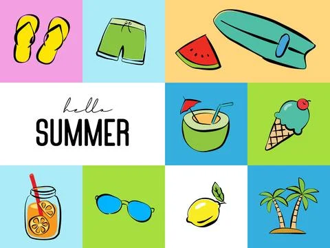 Hello summer with object element decoration background. Illustrazione stock
