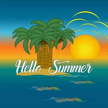 Hello Summer Palm Tree Sunset Vector Stock Illustration