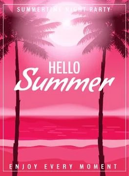 Hello Summer party poster design template, flyer. Summertime beach background Stock Illustration