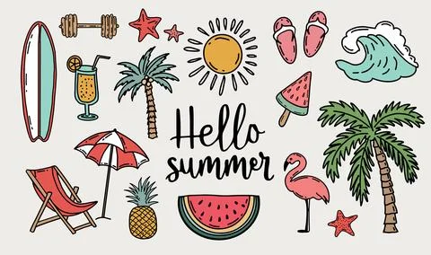 Hello Summer, pattern palm, surfboard and wave, hand drawn illustration. Stock Illustration