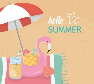 Hello summer poster with beach scene and flemish float Stock Illustration