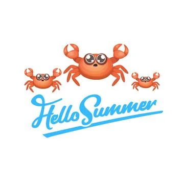 Hello summer poster design template with funky red crab character isolated on 스톡 일러스트