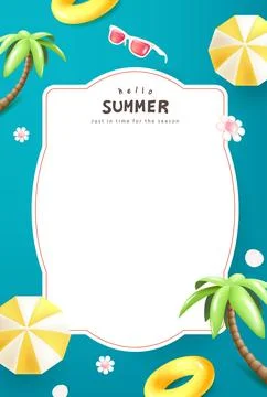 Hello summer poster with palm trees, umbrella, float, and sunglasses on tro.. Stock Illustration