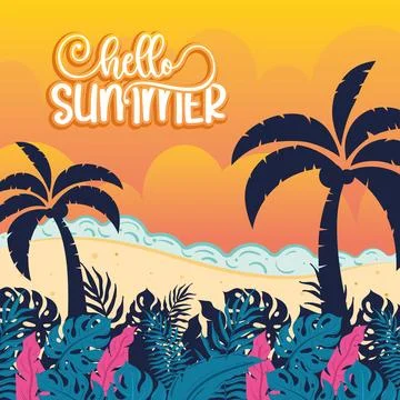 Hello summer poster with palm trees and sunset Vector Stock Illustration