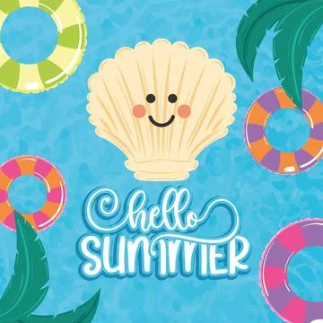Hello summer poster with smiling seashell and lifebuoys Vector Stock Illustration