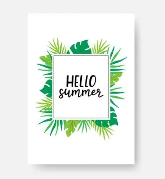 Hello summer poster with space for text. Summer poster with monstera, palm le Stock Illustration