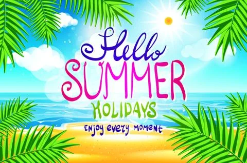 Hello summer. Poster on tropical beach background. Vector eps10. Stock Illustration
