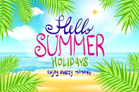 Hello summer. Poster on tropical beach background. Vector eps10. Stock Illustration