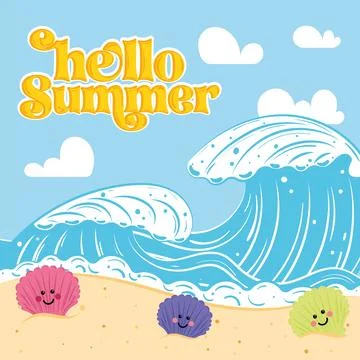 Hello summer poster with waves and smiling seashells Vector Stock Illustration
