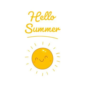 Hello summer quote with smiling yellow cartoon sun Stock Illustration