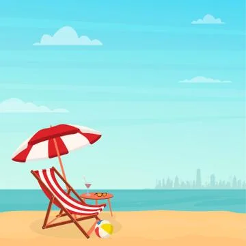 Hello summer. Relaxing scene on a breezy day, deck chair and umbrella. Stock Illustration