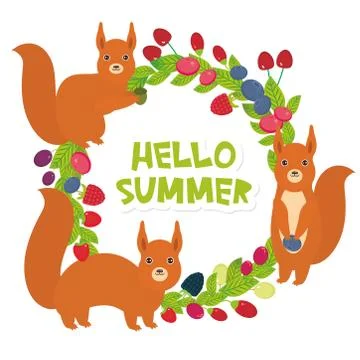 Hello Summer Round wreath with red squirrels Cherry Strawberry Raspberry Blac Stock Illustration