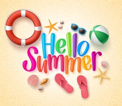 Hello Summer in the Sand Colorful Text and Background Stock Illustration